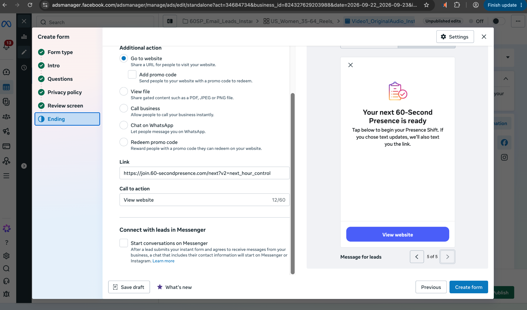 Meta Instant Form ending preview showing Your next 60-Second Presence is ready, the conditional text-delivery statement, and the View website button, at step 5 of 5.