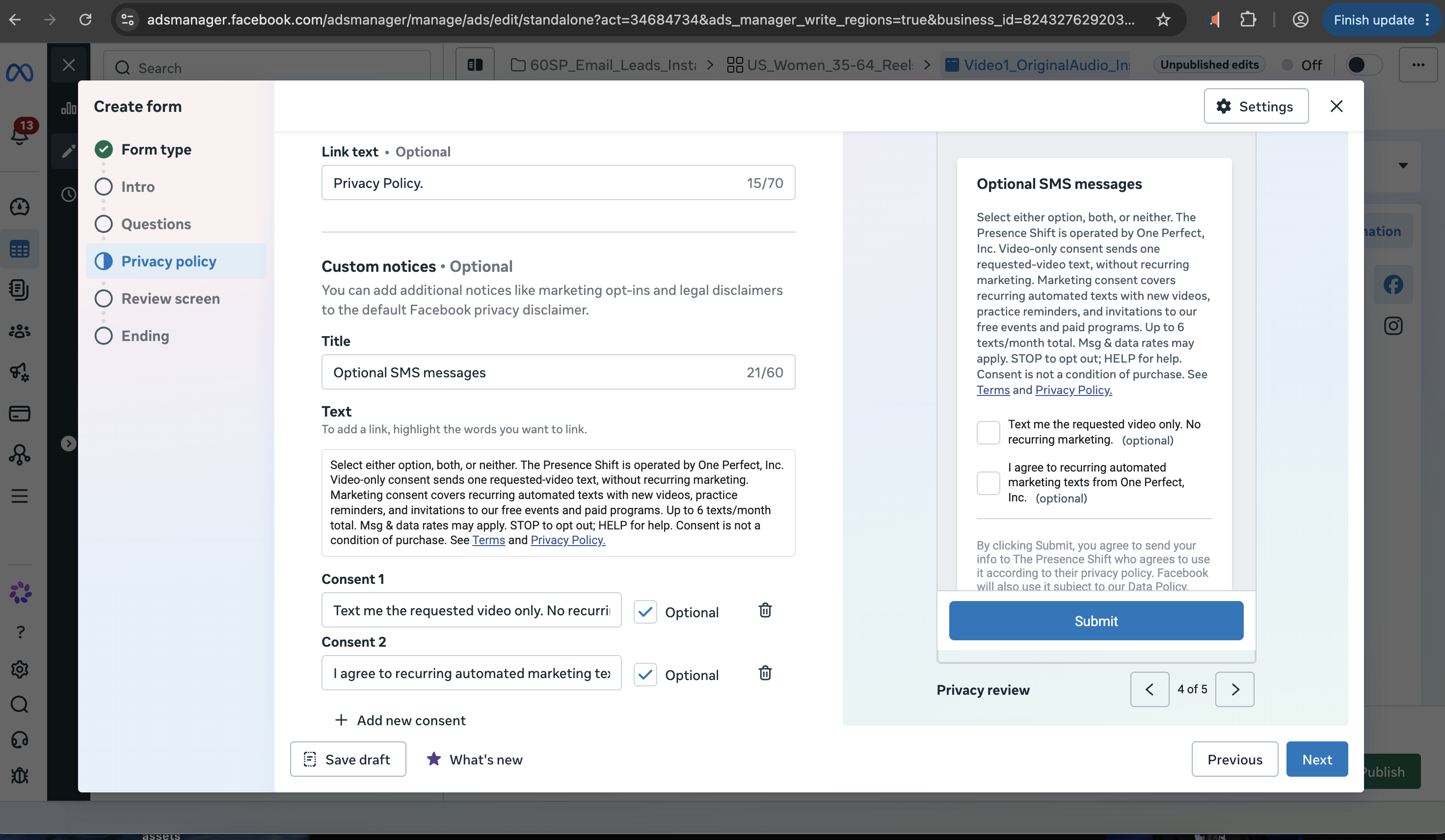 Updated Meta Instant Form privacy preview with the full SMS disclosure and two separate optional unchecked boxes for requested-video delivery and recurring marketing from One Perfect, Inc.